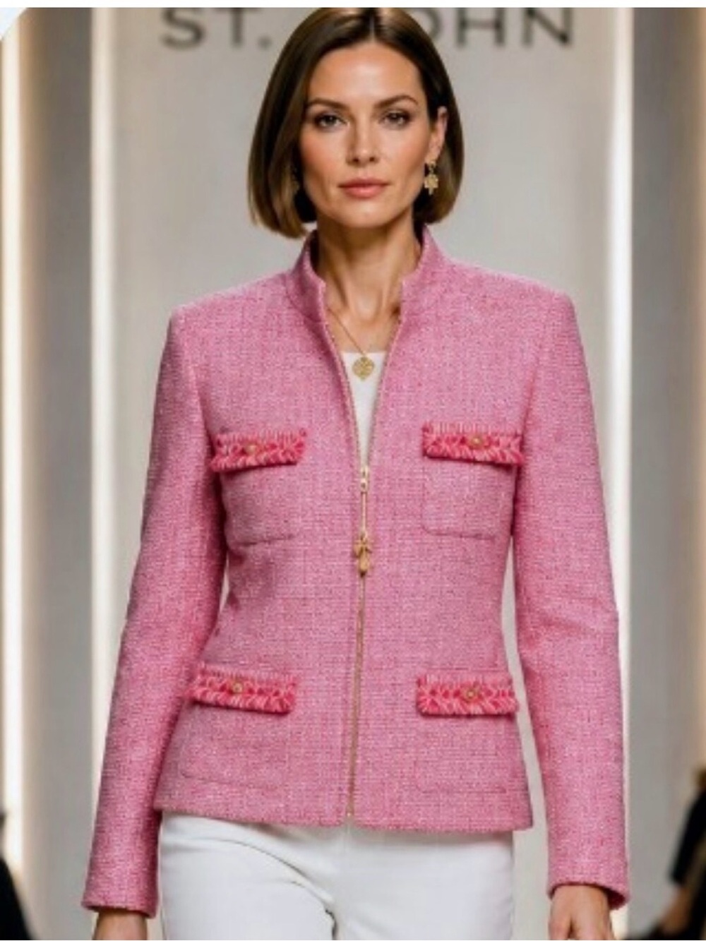 St John Tweed Fringe Boucle Jacket Pink Blazer 10